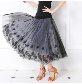 Silver gray with embroidery pattern with black ground long length full skirted women's ladies female competition performance professional waltz tango ballroom dancing skirts